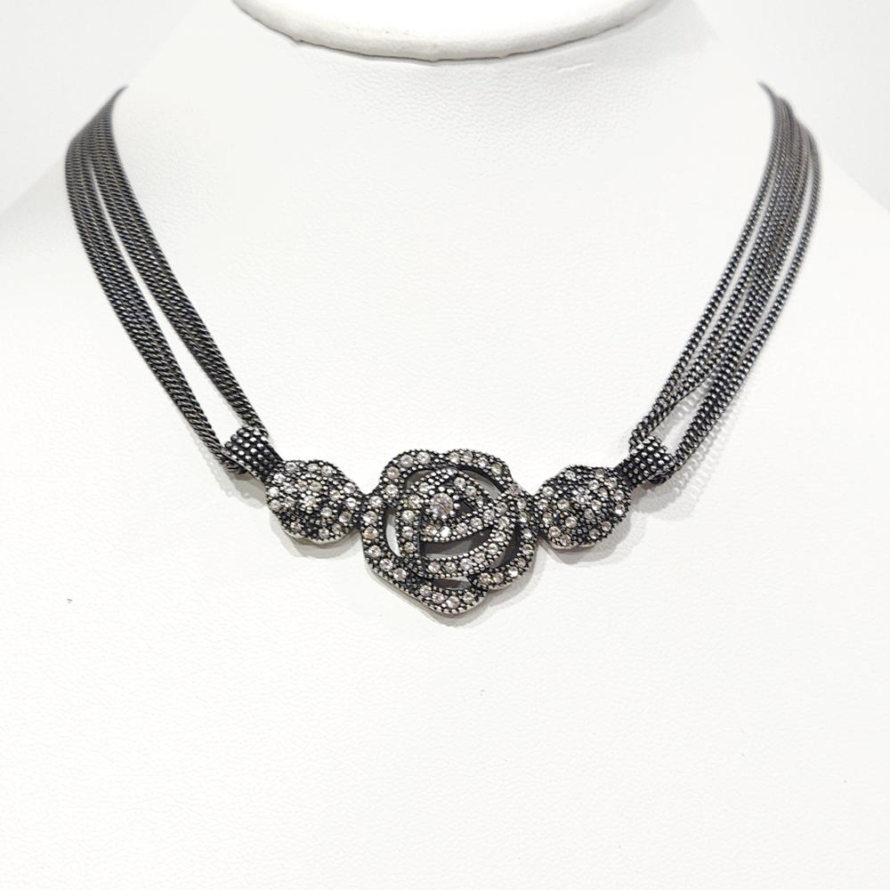Dior Crystal Necklace Antique Silver Chain Choker Necklace 16"-18" Floral Rose